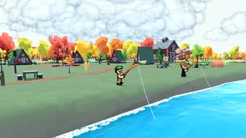 Fishing at the lake by the campfire
