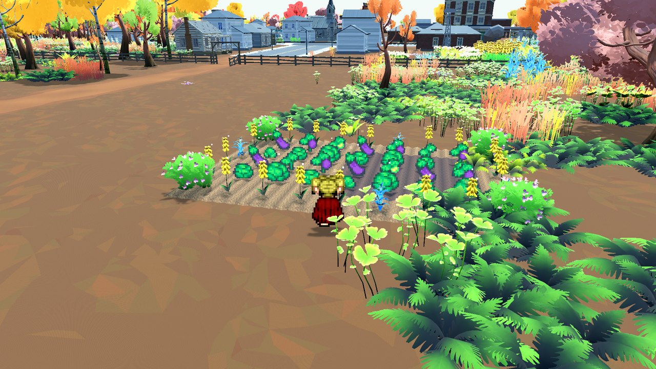 The same garden in fall with cabbages and eggplants inside a ring of sunflowers, the grass orange-brown and the trees red and gold, the town behind