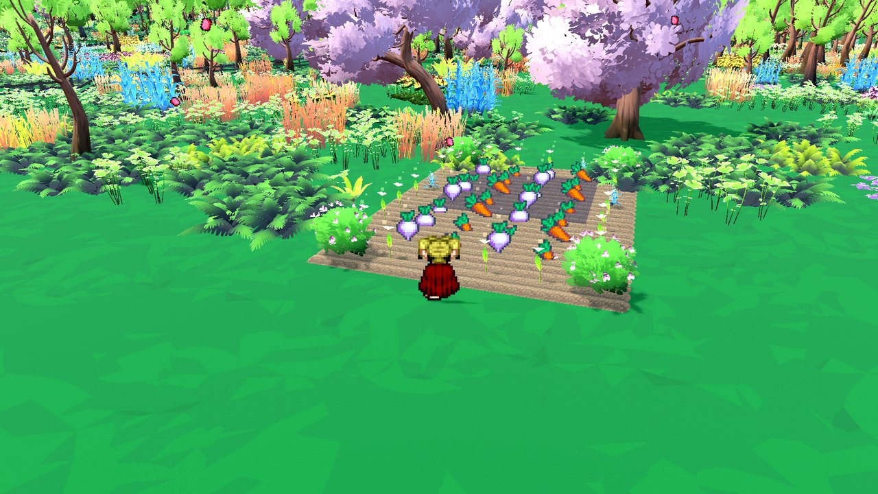 A garden of carrots and turnips edged with tulips, with flowering berry bushes on the corners, beside two cherry trees in bloom