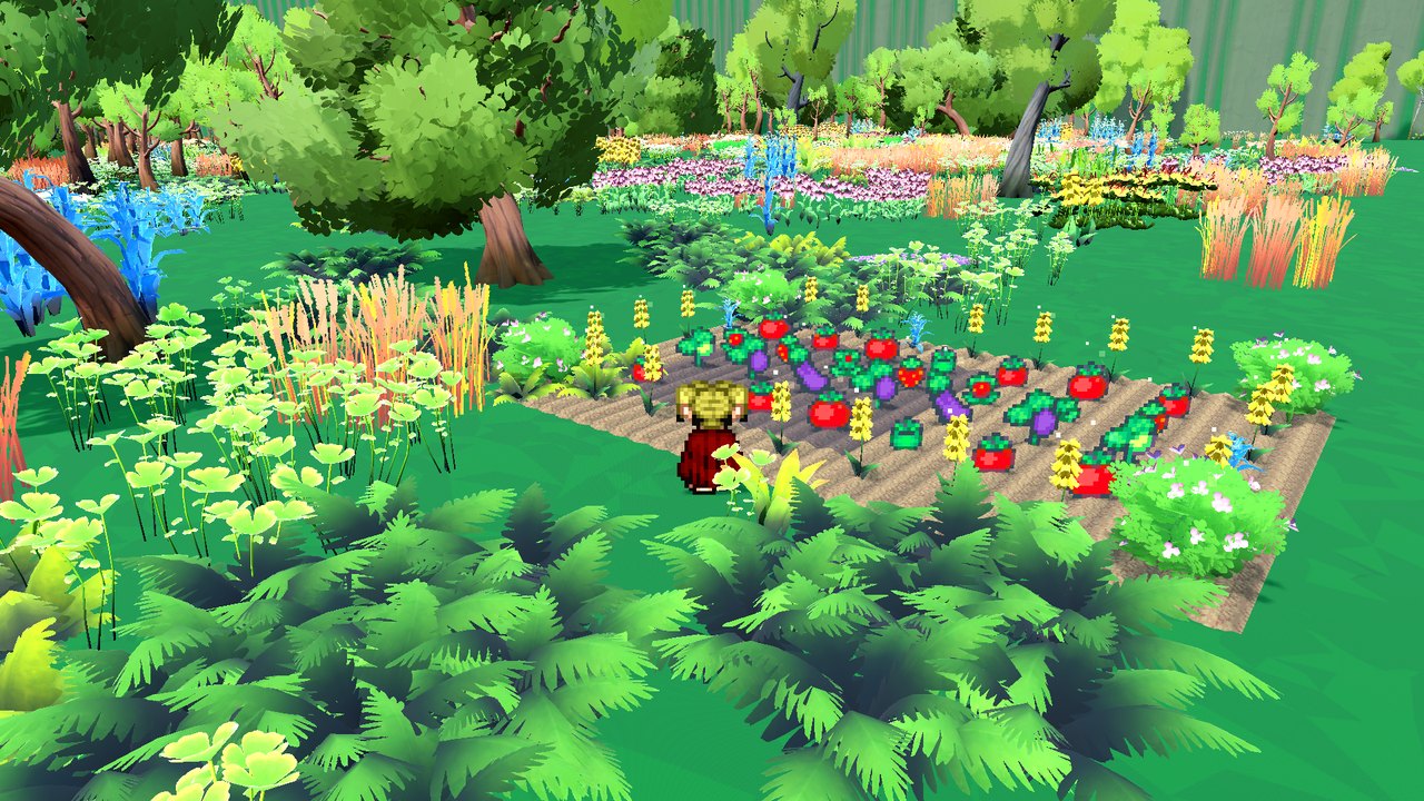 The same garden in summer with tomatoes, strawberries and eggplants inside a ring of sunflowers, the trees deep green
