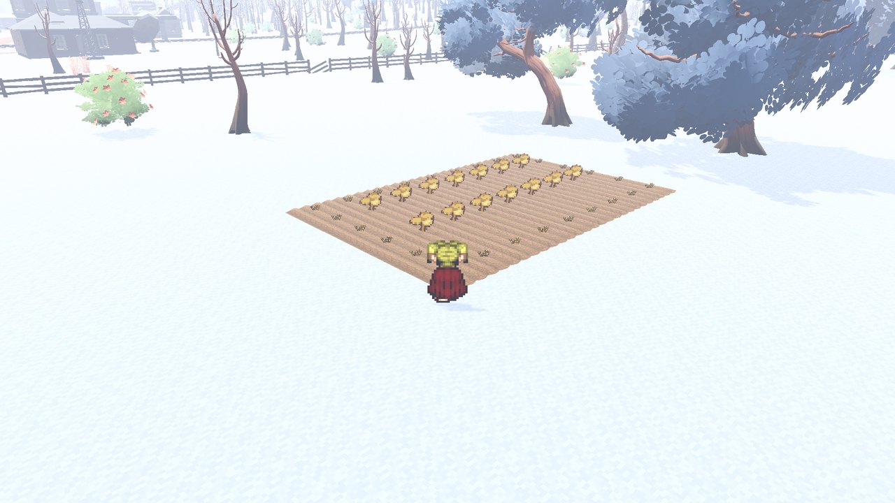 The same garden in winter under snow, with withered stalks where the eggplants and sunflowers were